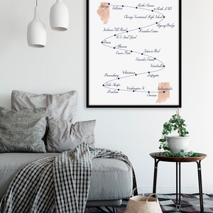 Peut inclure: Une impression encadr&eacute;e avec une carte de l'Indiana montrant les endroits o&ugrave; un couple a &eacute;t&eacute; ensemble. La carte est dans des tons de rose et de bleu avec du texte noir. Le texte en haut de l'impression indique "Allie & Eric 6/6/2020".