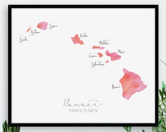 Hawaii Map / Labelled Watercolour / Digital or Printed Wall Art / Large Map Poster / Gift Idea / Giclee Print / Home Decor