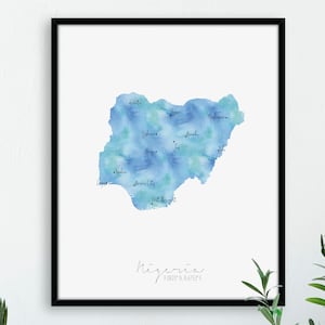Retrato de mapa de Nigeria / Acuarela con etiqueta de África / Arte mural impreso o digital / Póster de mapa grande / Idea de regalo / Impresión giclée / Decoración del hogar