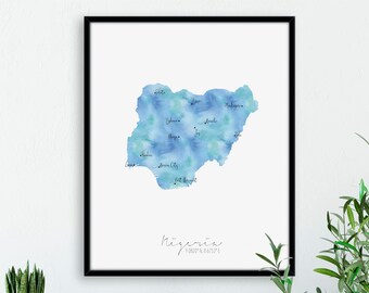 Nigeria Map Portrait / Africa Labelled Watercolour / Digital or Printed Wall Art / Large Map Poster / Gift Idea / Giclee Print / Home Decor