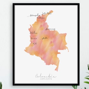 Retrato de mapa de Colombia / Acuarela etiquetada / Arte mural digital o impreso / Póster de mapa grande / Idea de regalo / Impresión giclée / Decoración del hogar