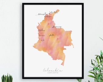 Colombia Map Portrait / Labelled Watercolour / Digital or Printed Wall Art / Large Map Poster / Gift Idea / Giclee Print / Home Decor