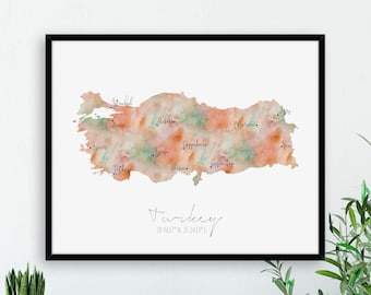 Turkey Map / Labelled Watercolour / Digital or Printed Wall Art / Large Map Poster / Gift Idea / Giclee Print / Turkey Home Decor / Europe