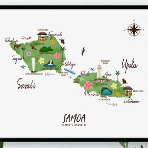 Samoa Illustrierte Karte / Illustrierte Aquarell Karte / Digitale oder gedruckte Wandkunst / Große Karte Poster / Geschenkidee / Giclée-Druck / Home Decor