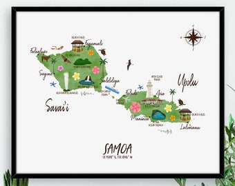 Samoa Illustrated Map / Illustrated Watercolour Map / Digital or Printed Wall Art / Large Map Poster / Gift Idea / Giclee Print / Home Decor