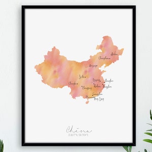Portrait de carte de la Chine / Aquarelle étiquetée / Art mural numérique ou imprimé / Grande affiche de carte / Idée cadeau / Impression jet d'encre / Décoration d'intérieur