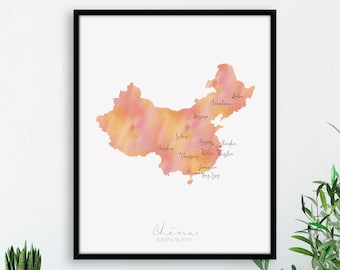 China Map Portrait / Labelled Watercolour / Digital or Printed Wall Art / Large Map Poster / Gift Idea / Giclee Print / Home Decor