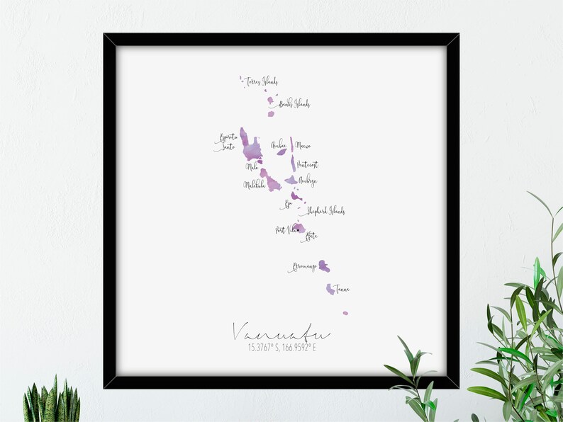 Vanuatu Map Square Labelled Watercolour Digital or Printed Wall Art Large Map Poster Gift Idea Giclee Print Home Decor