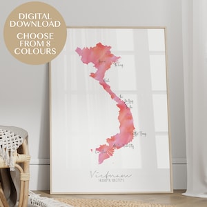 Carte du Vietnam portrait fichier numérique uniquement / Aquarelle étiquetée / Art mural numérique / Grande affiche de carte / Idée cadeau / Décoration d'intérieur Vietnam