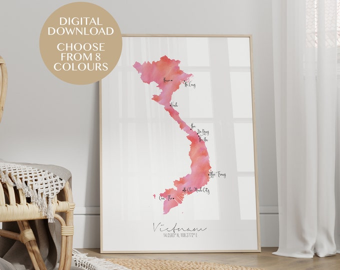 Vietnam Map Portrait Digital File Only / Labelled Watercolour / Digital Wall Art / Large Map Poster / Gift Idea / Vietnam Home Decor