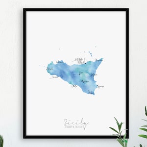 Sycylia Mapa Portret / Włochy Etykieta Akwarela / Cyfrowa lub Drukowana Sztuka Ścienna / Duży Plakat Mapy / Pomysł Na Prezent / Wydruk Giclee / Wystrój Domu
