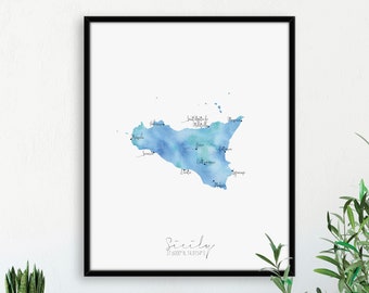 Sicily Map Portrait / Italy Labelled Watercolour / Digital or Printed Wall Art / Large Map Poster / Gift Idea / Giclee Print / Home Decor