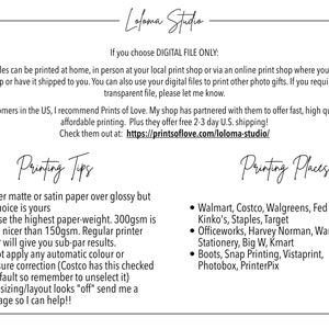Puede incluir: Un fondo blanco con texto negro que describe consejos de impresi&oacute;n y lugares para imprimir archivos digitales. El texto incluye una lista de consejos de impresi&oacute;n, como el uso de papel mate o satinado, y una lista de lugares para imprimir, como Walmart, Costco, Walgreens y Fed Ex. El texto tambi&eacute;n incluye un enlace a un sitio web: https://printsoflove.com/loloma-studio/