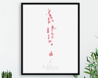 Maldives Portrait Labelled Watercolour Map