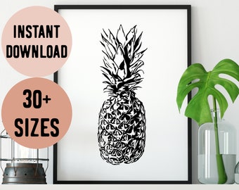 Digital Pineapple Black and White Silhouette Print