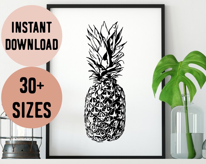 Digital Pineapple Black and White Silhouette Print
