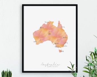 Australia Map Portrait / Labelled Watercolour / Digital or Printed Wall Art / Large Map Poster / Gift Idea / Giclee Print / Home Decor
