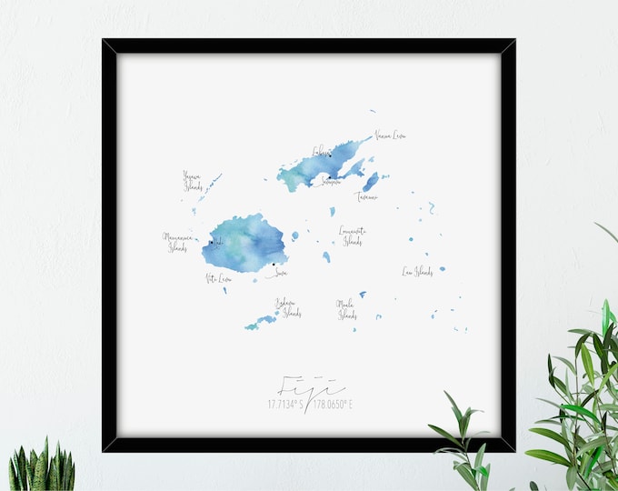 Fiji Map Square / Labelled Watercolour / Digital or Printed Wall Art / Large Map Poster / Gift Idea / Giclee Print / Home Decor