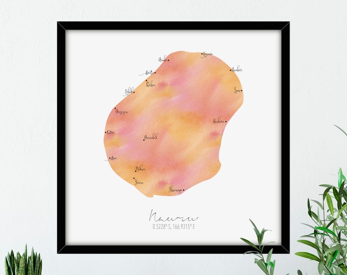 Nauru Map Square / Labelled Watercolour / Digital or Printed Wall Art / Large Map Poster / Gift Idea / Giclee Print