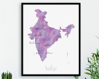 India Map Portrait / Labelled Watercolour / Digital or Printed Wall Art / Large Map Poster / Gift Idea / Giclee Print / Home Decor