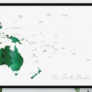 Carte numérique du Pacifique Sud, impression de carte aquarelle étiquetée, carte de l'Océanie, grande carte à accrocher au mur, téléchargement numérique, îles du Pacifique, Nouvelle-Zélande