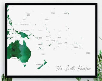 Digital South Pacific Map, Labelled Watercolour Map Print, Map of Oceania, Large Map Wall Hanging, Digital Download, Pacific Islands, NZ