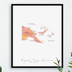 Papua-Neuguinea Karte Porträt / Beschriftetes Aquarell / Digitale oder gedruckte Wandkunst / Große Karte Poster / Geschenkidee / Giclee Print / Wohndeko