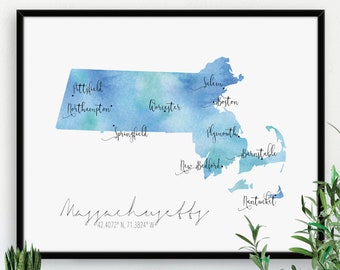 USA Massachusetts Map / Labelled Watercolour / Digital or Printed Wall Art / Large Map Poster / Gift Idea / Giclee Print / Home Decor