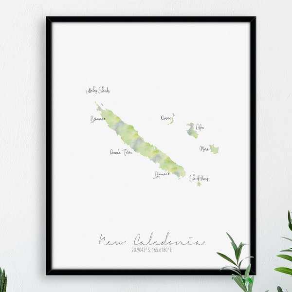 New Caledonia Map Portrait / Labelled Watercolour / Digital or Printed Wall Art / Large Map Poster / Gift Idea / Giclee Print / Home Decor