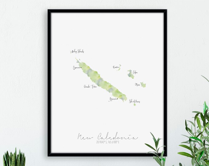 New Caledonia Map Portrait / Labelled Watercolour / Digital or Printed Wall Art / Large Map Poster / Gift Idea / Giclee Print / Home Decor
