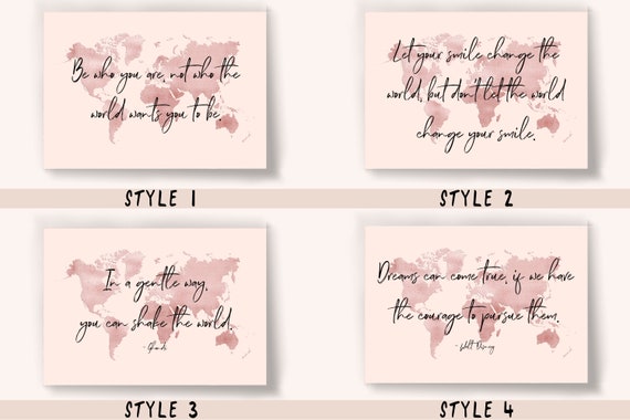 Digital World Map Quote Pink and Tan Print Prints Art ...
