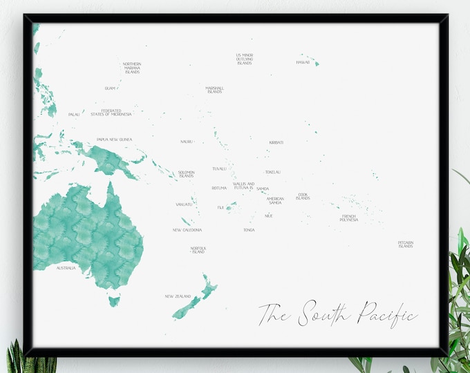 Digital Watercolor Map of the South Pacific - 8 Styles Available in Any Size