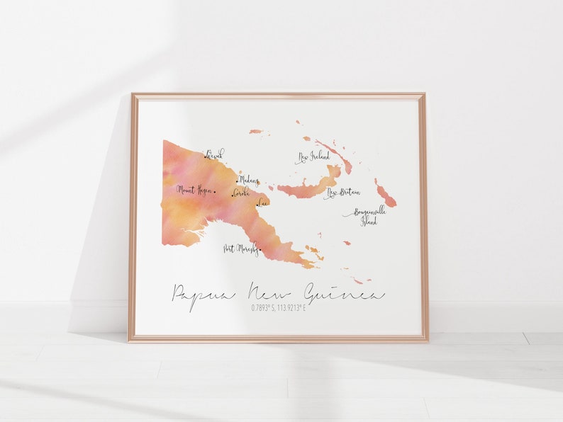 Mapa de Papúa Nueva Guinea / Acuarela con etiquetas / Arte mural digital o impreso / Póster de mapa grande / Idea de regalo / Impresión giclée / Decoración del hogar de Oceanía imagen 1
