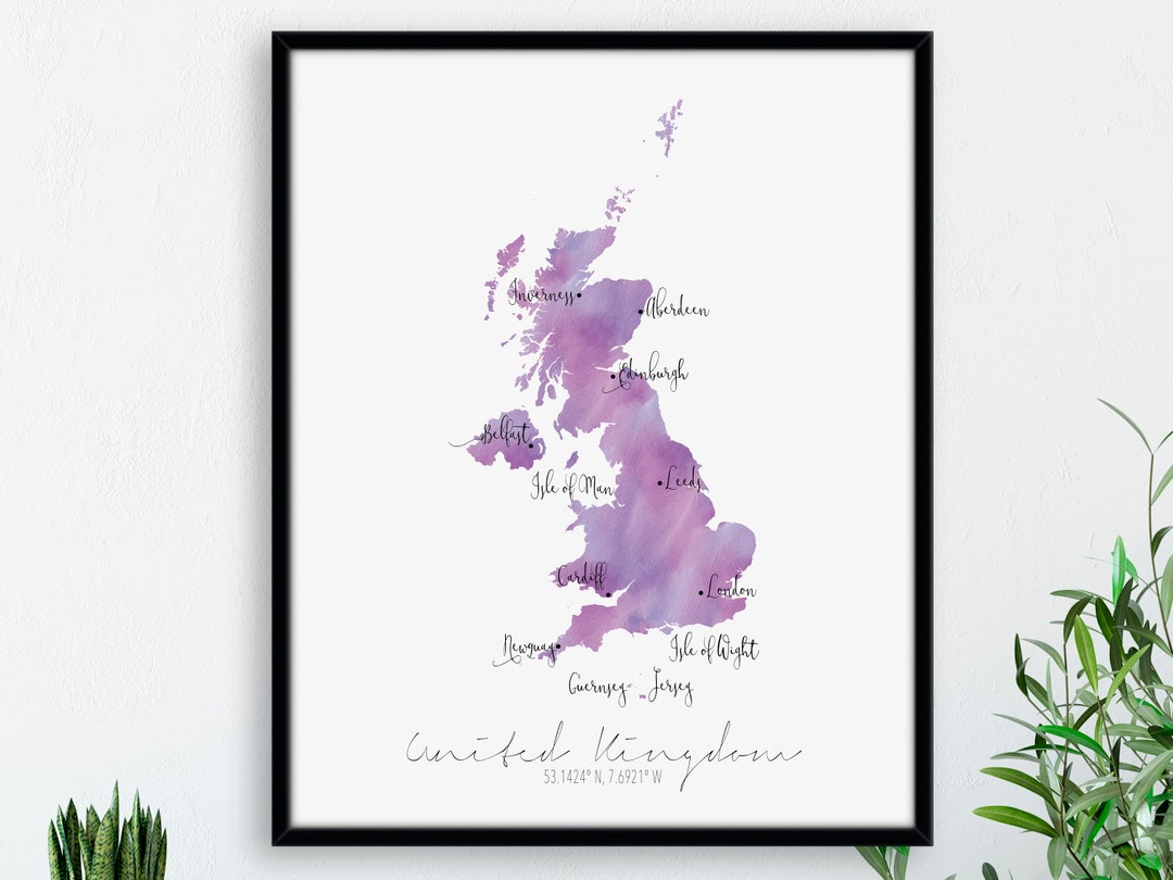 United Kingdom Great Britain Map Portrait / Labelled Watercolour ...