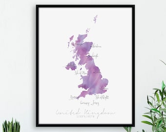 United Kingdom Great Britain Map Portrait / Labelled Watercolour / Digital or Printed Wall Art / Large Map Poster / Gift Idea / Giclee Print