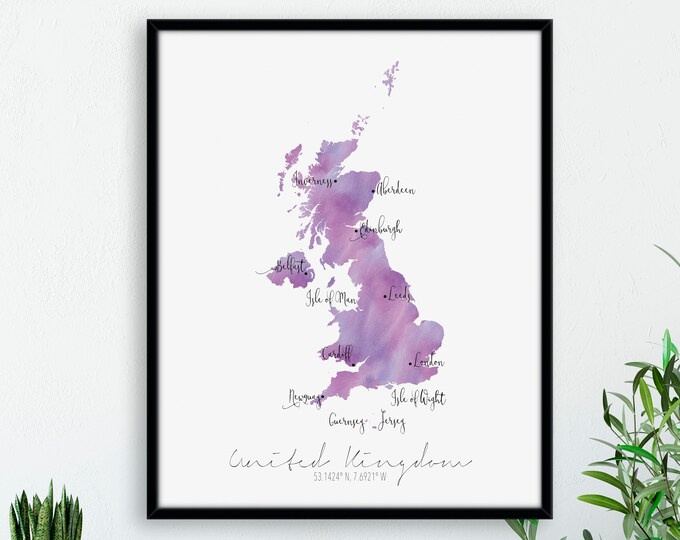 United Kingdom Great Britain Map Portrait / Labelled Watercolour / Digital or Printed Wall Art / Large Map Poster / Gift Idea / Giclee Print