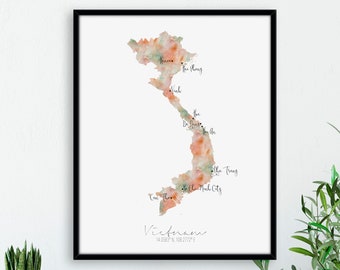 Vietnam Map Portrait / Labelled Watercolour / Printed Wall Art / Large Map Poster / Gift Idea / Giclee Print / Vietnam Home Decor