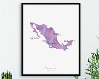 Mexico Map Portrait / Labelled Watercolour / Digital or Printed Wall Art / Large Map Poster / Gift Idea / Giclee Print / Home Decor