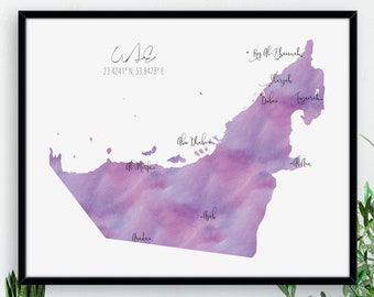 UAE United Arab Emirates Map / Labelled Watercolour / Digital or Printed Wall Art / Large Map Poster / Gift Idea / Giclee Print / Home Decor