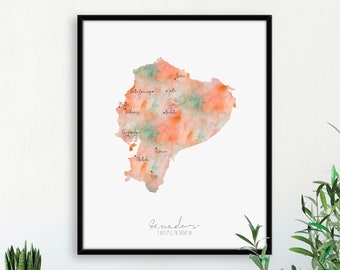 Ecuador Map Portrait / Labelled Watercolour / Digital or Printed Wall Art / Large Map Poster / Gift Idea / Giclee Print / Home Decor