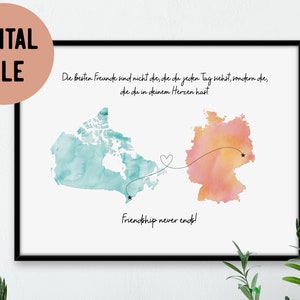 Digitale aangepaste langeafstandsrelatie (2 staten/landen) kaartafdruk, vriendschapskaart over lange afstand, vriendjescadeau over lange afstand