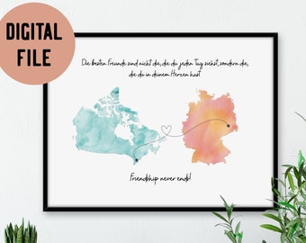 Digital Custom Long Distance Relationship (2 states/countries) Map Print, Long Distance Friendship Map, Long Distance Boyfriend Gift