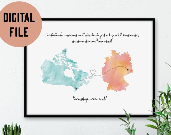 Featured listing image: Digital Custom Long Distance Relationship (2 states/countries) Map Print, Long Distance Friendship Map, Long Distance Boyfriend Gift