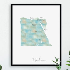 Portret kaart Egypte / Afrika gelabeld aquarel / digitale of gedrukte muurkunst / grote kaartposter / cadeau-idee / gicleeprint / woondecoratie