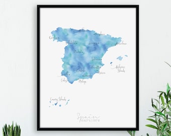 Spain Map Portrait / Labelled Watercolour / Digital or Printed Wall Art / Large Map Poster / Gift Idea / Giclee Print / Home Decor