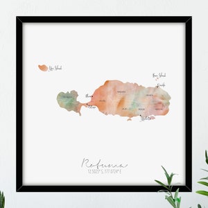 Mapa cuadrado de acuarela con los distritos de Rotuma etiquetados
