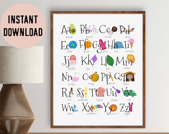English Illustrated Alphabet (Upper and Lower case) Digital Print