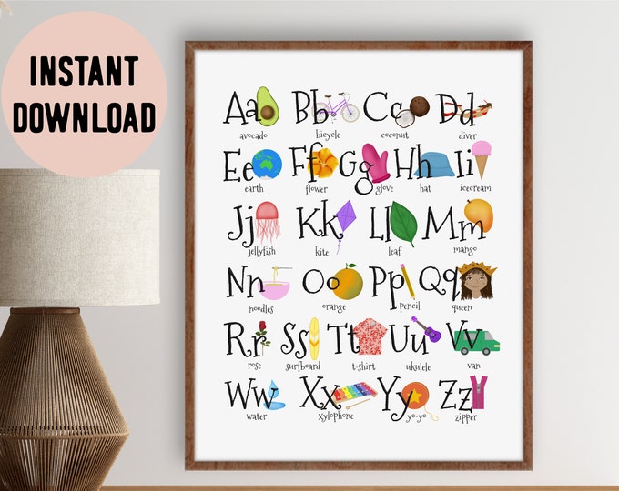 English Illustrated Alphabet (Upper and Lower case) Digital Print