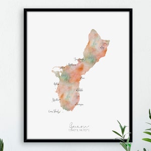 Guam Map Portrait / Beschriftetes Aquarell / Digitale oder gedruckte Wandkunst / Große Karte Poster / Geschenkidee / Giclee Print / Wohndekor
