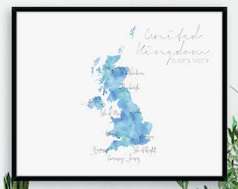 United Kingdom Great Britain Map / Labelled Watercolour / Digital or Printed Wall Art / Large Map Poster / Gift Idea / Giclee Print / Decor